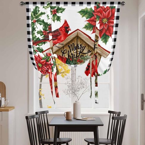 Christmas Cardinal Tie Up Curtains for Window, Winter Xmas Holly Poinsettia Plaid Thermal Insulated Balloon Shade Adjustable Rod Pocket Curtains Valance Panels for Kitchen Bathroom Café 34'' x 45'' in Saudi Arabia
