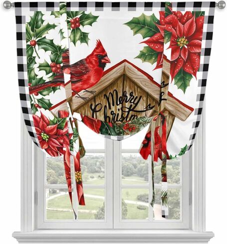 Christmas Cardinal Tie Up Curtains for Window, Winter Xmas Holly Poinsettia Plaid Thermal Insulated Balloon Shade Adjustable Rod Pocket Curtains Valance Panels for Kitchen Bathroom Café 34'' x 45'' in Saudi Arabia