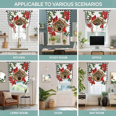 Christmas Cardinal Tie Up Curtains for Window, Winter Xmas Holly Poinsettia Plaid Thermal Insulated Balloon Shade Adjustable Rod Pocket Curtains Valance Panels for Kitchen Bathroom Café 34'' x 45'' in Saudi Arabia
