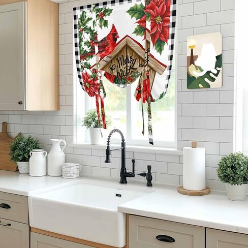 Christmas Cardinal Tie Up Curtains for Window, Winter Xmas Holly Poinsettia Plaid Thermal Insulated Balloon Shade Adjustable Rod Pocket Curtains Valance Panels for Kitchen Bathroom Café 34'' x 45'' in Saudi Arabia