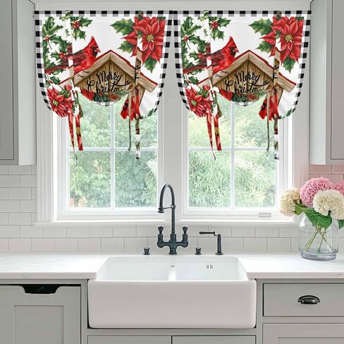 Christmas Cardinal Tie Up Curtains for Window, Winter Xmas Holly Poinsettia Plaid Thermal Insulated Balloon Shade Adjustable Rod Pocket Curtains Valance Panels for Kitchen Bathroom Café 34'' x 45'' in Saudi Arabia