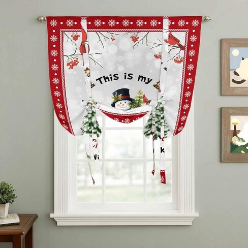 Red Christmas Snowman Tie Up Curtains for Window, Xmas Birds Tree Snowflake Thermal Insulated Balloon Shade Adjustable Rod Pocket Curtains Valance Panels for Kitchen Bathroom Café 52'' x 63'' in Saudi Arabia