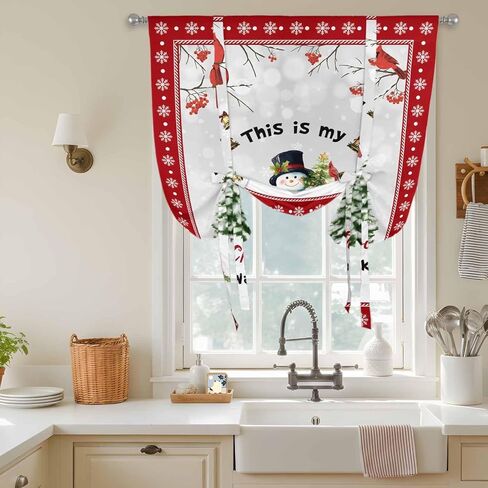 Red Christmas Snowman Tie Up Curtains for Window, Xmas Birds Tree Snowflake Thermal Insulated Balloon Shade Adjustable Rod Pocket Curtains Valance Panels for Kitchen Bathroom Café 52'' x 63'' in Saudi Arabia