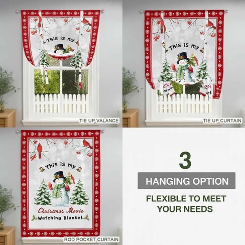 Red Christmas Snowman Tie Up Curtains for Window, Xmas Birds Tree Snowflake Thermal Insulated Balloon Shade Adjustable Rod Pocket Curtains Valance Panels for Kitchen Bathroom Café 52'' x 63'' in Saudi Arabia