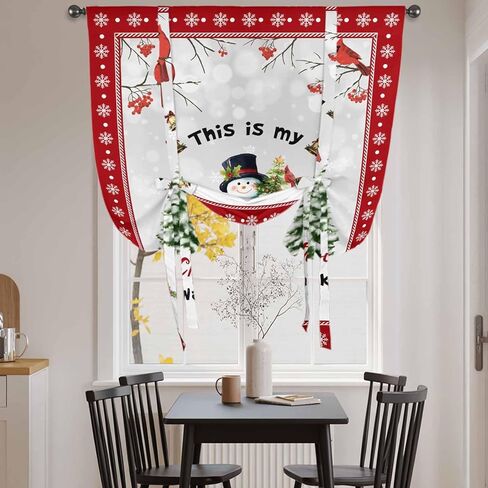 Red Christmas Snowman Tie Up Curtains for Window, Xmas Birds Tree Snowflake Thermal Insulated Balloon Shade Adjustable Rod Pocket Curtains Valance Panels for Kitchen Bathroom Café 52'' x 63'' in Saudi Arabia
