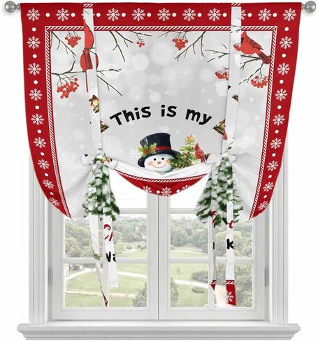 Red Christmas Snowman Tie Up Curtains for Window, Xmas Birds Tree Snowflake Thermal Insulated Balloon Shade Adjustable Rod Pocket Curtains Valance Panels for Kitchen Bathroom Café 52'' x 63'' in Saudi Arabia