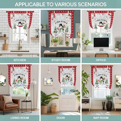 Red Christmas Snowman Tie Up Curtains for Window, Xmas Birds Tree Snowflake Thermal Insulated Balloon Shade Adjustable Rod Pocket Curtains Valance Panels for Kitchen Bathroom Café 52'' x 63'' in Saudi Arabia