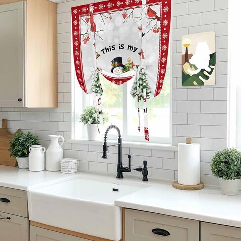 Red Christmas Snowman Tie Up Curtains for Window, Xmas Birds Tree Snowflake Thermal Insulated Balloon Shade Adjustable Rod Pocket Curtains Valance Panels for Kitchen Bathroom Café 52'' x 63'' in Saudi Arabia