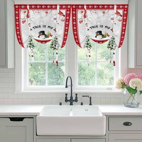 Red Christmas Snowman Tie Up Curtains for Window, Xmas Birds Tree Snowflake Thermal Insulated Balloon Shade Adjustable Rod Pocket Curtains Valance Panels for Kitchen Bathroom Café 52'' x 63'' in Saudi Arabia