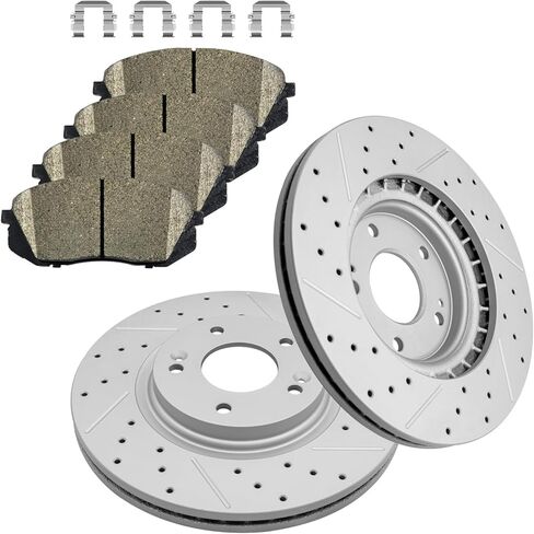 Front Drilled & Slotted Disc Brake Rotors and Ceramic Brake Pads kit for 2015-2019 Hyundai Sonata, Kia Optima, 2022-2024 Kona in Kuwait