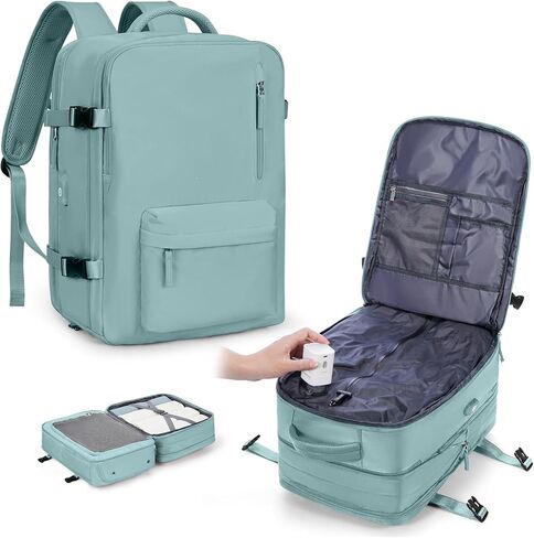 حقيبة ظهر WONHOX بختم فراغ للسفر مع مضخة هواء مضغوطة، حقيبة شخصية لحملها على متن الطائرة، حقيبة نهارية معتمدة للكمبيوتر المحمول، تخزين حقائب الكمبيوتر المحمول مع نظام تفريغ الهواء، حقيبة سفر للنساء والرجال باللون الأزرق in Kuwait