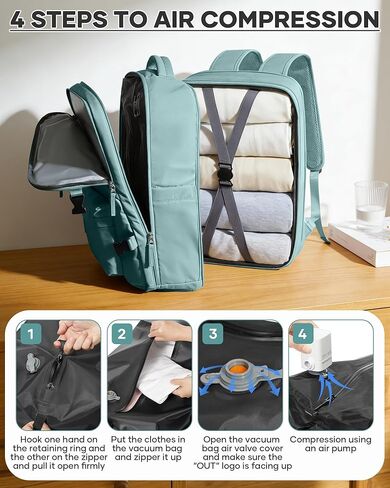 حقيبة ظهر WONHOX بختم فراغ للسفر مع مضخة هواء مضغوطة، حقيبة شخصية لحملها على متن الطائرة، حقيبة نهارية معتمدة للكمبيوتر المحمول، تخزين حقائب الكمبيوتر المحمول مع نظام تفريغ الهواء، حقيبة سفر للنساء والرجال باللون الأزرق in Kuwait