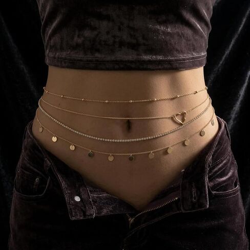 Layered Gold Waist Chain for Women Bohemian Body Jewelry with Rhinestone Accents and Coin Charms Detail in Saudi Arabia