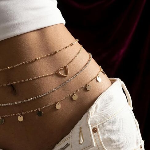 Layered Gold Waist Chain for Women Bohemian Body Jewelry with Rhinestone Accents and Coin Charms Detail in Saudi Arabia