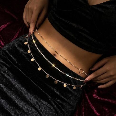 Layered Gold Waist Chain for Women Bohemian Body Jewelry with Rhinestone Accents and Coin Charms Detail in Saudi Arabia