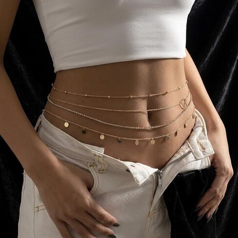 Layered Gold Waist Chain for Women Bohemian Body Jewelry with Rhinestone Accents and Coin Charms Detail in Saudi Arabia