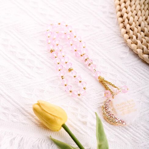 Ayatul Kursi للسيارة - تعليق إسلامي للسيارة، إكسسوارات مرآة خلفية إسلامية للسفر باللون الذهبي الوردي، شماعة مرآة صلاة تركية للقرآن الكريم، هدايا معلقة من الخرز الكريستالي الإسلامي للنساء (وردي) in Kuwait