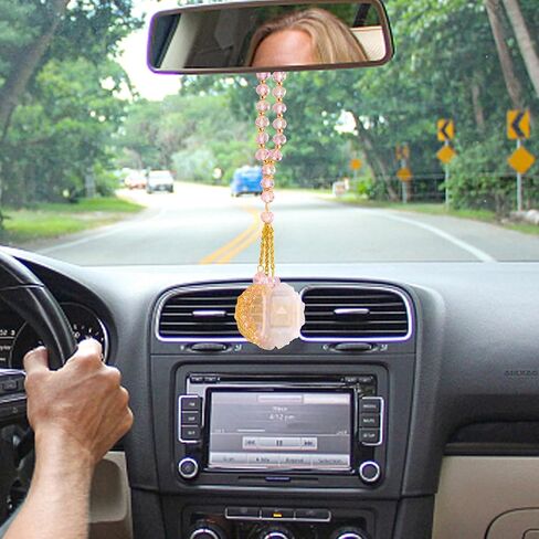 Ayatul Kursi للسيارة - تعليق إسلامي للسيارة، إكسسوارات مرآة خلفية إسلامية للسفر باللون الذهبي الوردي، شماعة مرآة صلاة تركية للقرآن الكريم، هدايا معلقة من الخرز الكريستالي الإسلامي للنساء (وردي) in Kuwait