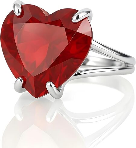 خاتم روبي من الفضة الإسترليني - سوليتير على شكل قلب - مجوهرات حجر بخت شهر يوليو للنساء بالأحجار الكريمة الحمراء in Kuwait