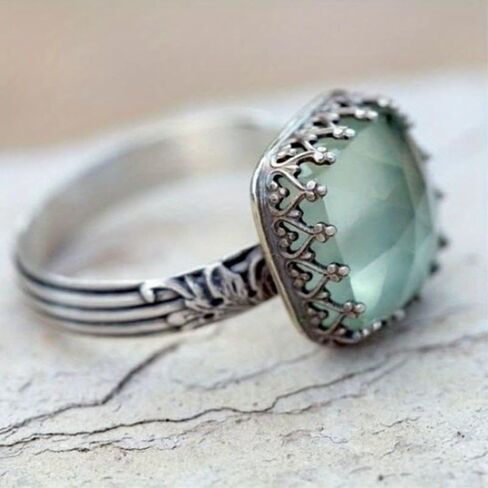 Vintage Old Silver Plated Inlay Square Light Blue Synthetic Gemstone Ring for Women Fashion Jewelry in Saudi Arabia