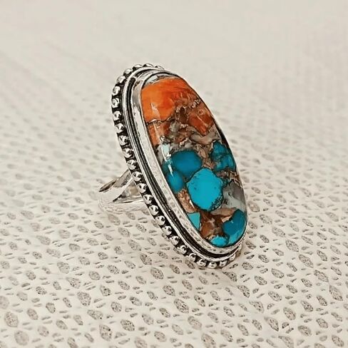 Boho Turquoise Rings for Women Western Turquoise Rings Silver Knuckle Statement Ring Stackable Wedding Ring Turquoises Jewelry Dresses Accessories in Saudi Arabia