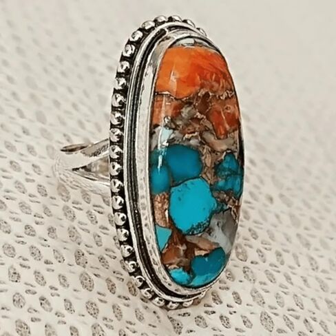 Boho Turquoise Rings for Women Western Turquoise Rings Silver Knuckle Statement Ring Stackable Wedding Ring Turquoises Jewelry Dresses Accessories in Saudi Arabia