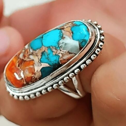 Boho Turquoise Rings for Women Western Turquoise Rings Silver Knuckle Statement Ring Stackable Wedding Ring Turquoises Jewelry Dresses Accessories in Saudi Arabia