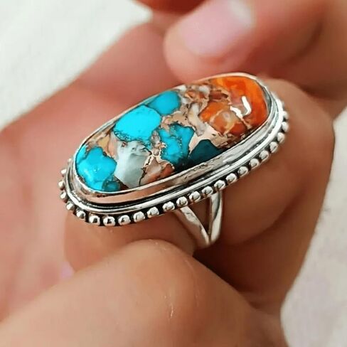 Boho Turquoise Rings for Women Western Turquoise Rings Silver Knuckle Statement Ring Stackable Wedding Ring Turquoises Jewelry Dresses Accessories in Saudi Arabia