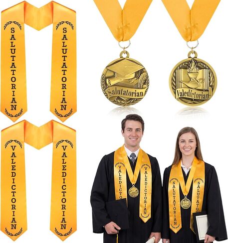 مجموعة 4 ميداليات للتخرج وميدالية جائزة 2026 Valedictorian Salutatorian وميدالية التخرج مع شريط ذهبي من الحرير المضلع للطلاب in Saudi Arabia
