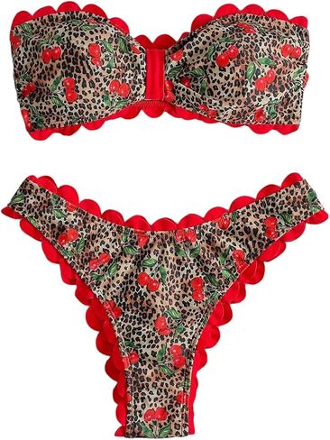 GORGLITTER Women's Cherry Leopard Bikini Set High Cut Thong Strapless Bandeau Summer Cruise Swimsuits Bathing Suit in Saudi Arabia