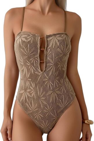 Women' s One Piece Swimsuit Cutout High Cut Bathing Suits with Beaded Boho Ribbed Hollow Out Swimwear Brown in Saudi Arabia