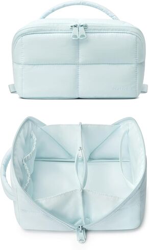 Comfyable Puffy Makeup Bag for Women, Compact Cosmetic Organiser for Girl, Cute Lightweight Travel Pouch, Open Flat Water-Repellent Make Up Bag, Light Pink in Kuwait