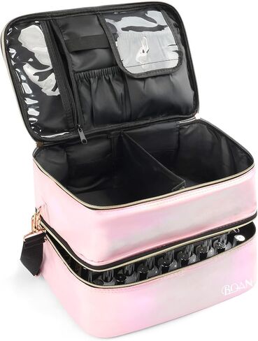 حقيبة تنظيم طلاء الأظافر من بي كيو إن، سعة 40 زجاجة (15 مل - 0.5 أونصة سائلة)، أكياس تخزين مزدوجة مع مقسم قابل للتعديل، حقيبة وحقيبة إكسسوارات فن الأظافر باللون الأسود in Kuwait