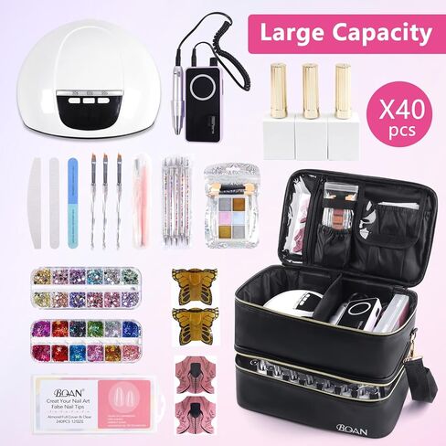 BQAN Nail Polish Organizer Case, 40 Bottles (15ml - 0.5 fl.oz) Capacity, Double Storage Bags with Adjustable Divider, Nail Art Accessories Case & Bag Black in Saudi Arabia