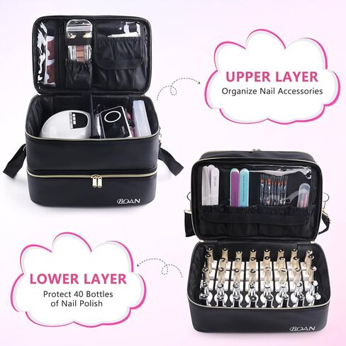 BQAN Nail Polish Organizer Case, 40 Bottles (15ml - 0.5 fl.oz) Capacity, Double Storage Bags with Adjustable Divider, Nail Art Accessories Case & Bag Black in Saudi Arabia