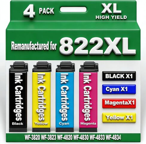for 822XL Remanufactured for Epson 822 Ink cartridges Combo Pack for 822 T822 XL for Workforce Pro WF-3820 WF-3823 WF-4820 WF-4830 WF-4833 WF-4834 4 Pack 1 Black 1 Cyan 1 Magenta 1Yellow in Kuwait