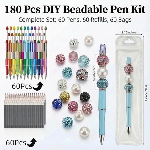 180 Pcs DIY Beadable Pen Kit – 60 Pens, 60 Refills & 60 Gift Bags – Beads Not Included – Multicolor Craft Supplies for Office, Teachers & DIY Projects in Kuwait