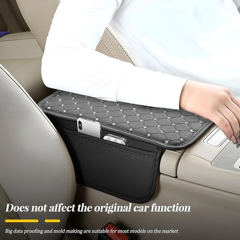 Bling Car Center Console Cover, Rhinestone Automotive Arm Rest Storage Box Pad with 2 Storage Pockets, Soft Elbow Vehicle Interior Middle Console Protection Cushion, Universal Fit (Black) in Saudi Arabia