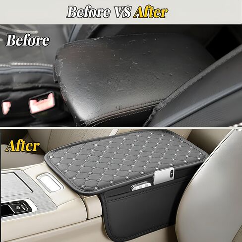Bling Car Center Console Cover, Rhinestone Automotive Arm Rest Storage Box Pad with 2 Storage Pockets, Soft Elbow Vehicle Interior Middle Console Protection Cushion, Universal Fit (Black) in Saudi Arabia