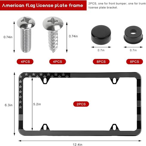 2 PCS American Flag License Plate Frames, Patriotic USA Auto Plate Cover with Free Screws Fasteners Caps and Tool, Rust-Proof Aluminum Car Tag Holder Cover for Front Rear (Black) in Saudi Arabia