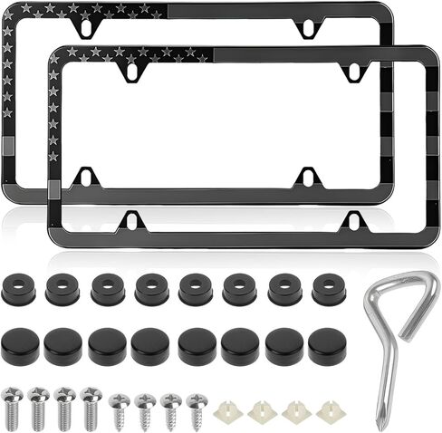 2 PCS American Flag License Plate Frames, Patriotic USA Auto Plate Cover with Free Screws Fasteners Caps and Tool, Rust-Proof Aluminum Car Tag Holder Cover for Front Rear (Black) in Kuwait
