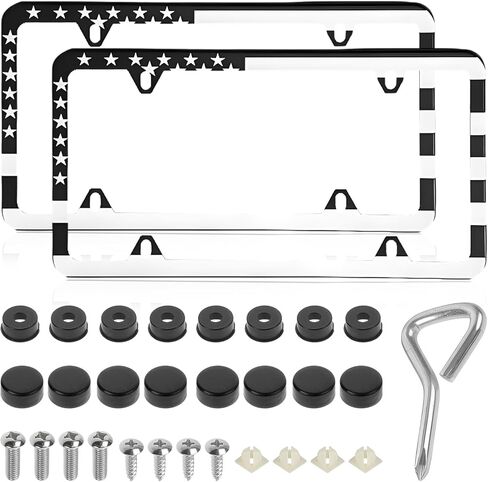 2 PCS American Flag License Plate Frames, Patriotic USA Auto Plate Cover with Free Screws Fasteners Caps and Tool, Rust-Proof Aluminum Car Tag Holder Cover for Front Rear (Black) in Saudi Arabia