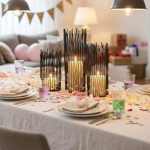 Metal Wire Willow Pillar Candle Holder Set of 3, Creative Wire Cage Candleholder Set for Fireplace Mantel Decoration, 8/10/12 inch Black Tealight Lanterns for Table Centerpiece in Kuwait