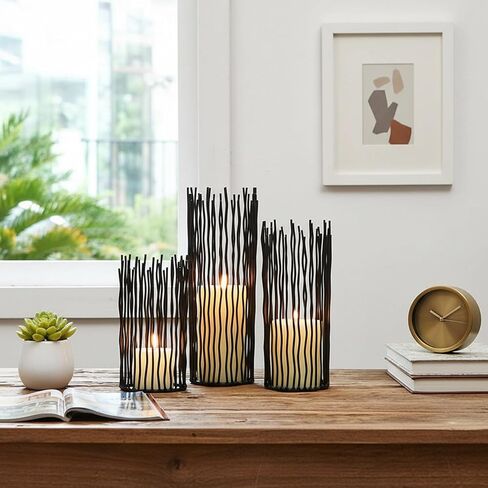 Metal Wire Willow Pillar Candle Holder Set of 3, Creative Wire Cage Candleholder Set for Fireplace Mantel Decoration, 8/10/12 inch Black Tealight Lanterns for Table Centerpiece in Kuwait