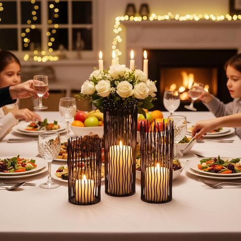 Metal Wire Willow Pillar Candle Holder Set of 3, Creative Wire Cage Candleholder Set for Fireplace Mantel Decoration, 8/10/12 inch Black Tealight Lanterns for Table Centerpiece in Kuwait