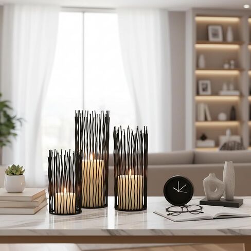Metal Wire Willow Pillar Candle Holder Set of 3, Creative Wire Cage Candleholder Set for Fireplace Mantel Decoration, 8/10/12 inch Black Tealight Lanterns for Table Centerpiece in Kuwait