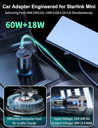 محول سيارة صغير 78 وات 2 في 1 لمحول ستارلينك 12 فولت-24 فولت إلى 30 فولت تيار مستمر، لملحقات ستارلينك الصغيرة، شاحن سيارة 12 فولت، محول ولاعة سجائر السيارة يدعم كابل رسمي 50 متر للمركبات الترفيهية وسيارات الدفع الرباعي واليخوت in Kuwait