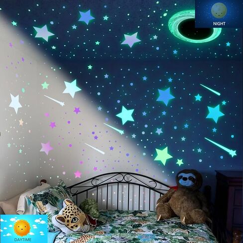 Glow in The Dark Stars for Ceiling | Luminous Galaxy Universe Wall Sticklers Removable Vinyl Decals | Peel and Stick Luminous Decor for Bedroom, Kids Room, Nursery Decor (Green Purple Star Galaxy) in Saudi Arabia