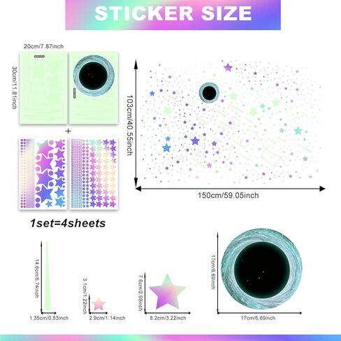 Glow in The Dark Stars for Ceiling | Luminous Galaxy Universe Wall Sticklers Removable Vinyl Decals | Peel and Stick Luminous Decor for Bedroom, Kids Room, Nursery Decor (Green Purple Star Galaxy) in Saudi Arabia