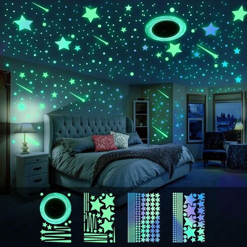 Glow in The Dark Stars for Ceiling | Luminous Galaxy Universe Wall Sticklers Removable Vinyl Decals | Peel and Stick Luminous Decor for Bedroom, Kids Room, Nursery Decor (Green Purple Star Galaxy) in Saudi Arabia